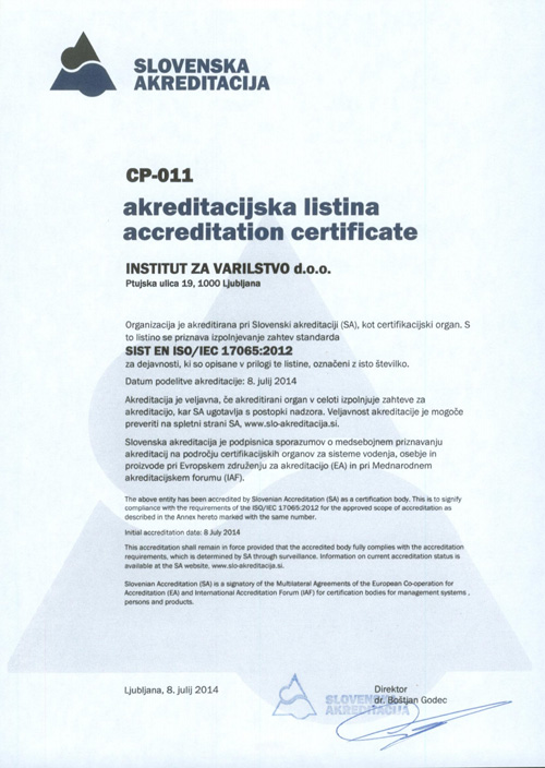 Sertifikat EN ISO/IEC 17065:2012 - CP-011